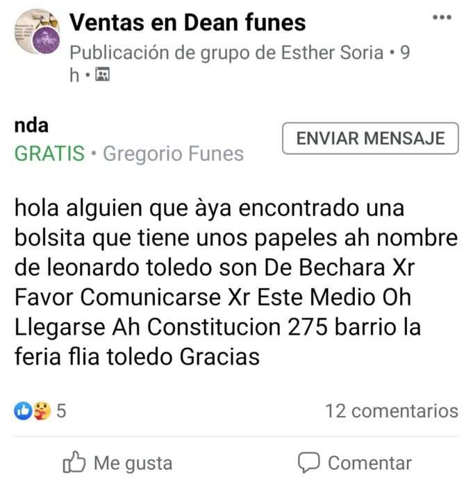 DEÁN FUNES: PEDIDO SOLIDARIO.
