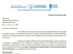 DEÁN FUNES SUSPENDE LAS CLASES PRESENCIALES EN EL NIVEL SECUNDARIO DE TODOS LOS CENTROS EDUCATIVOS DE LA CIUDAD.