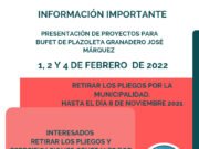 TULUMBA: LLAMAN A LA PRESENTACIÓN DE PROYECTOS PARA EL BUFFET DE LA PLAZOLETA GRANADERO MARQUEZ EN FEBRERO.
