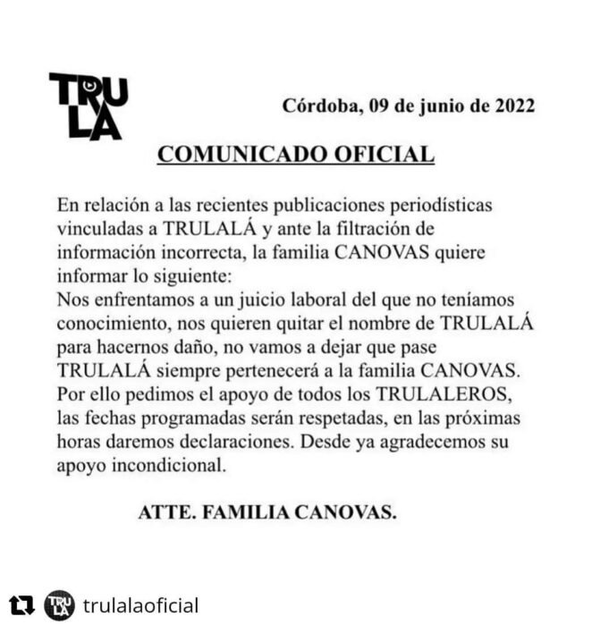 TRULA EMITIÓ UN COMUNICADO TRAS CONOCERSE QUE VAN A REMATE.