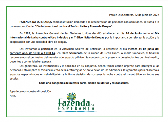 FAZENDA LA ESPERANZA SE SUMA A LA JORNADA DE REFLEXIÓN SOBRE LUCHA CONTRA LAS ADICCIONES.