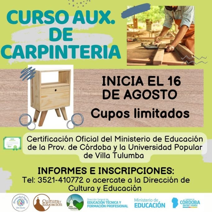 VILLA TULUMBA: INSCRIPCIONES ABIERTAS PARA CURSO DE AUXILIAR DE CARPINTERÍA.