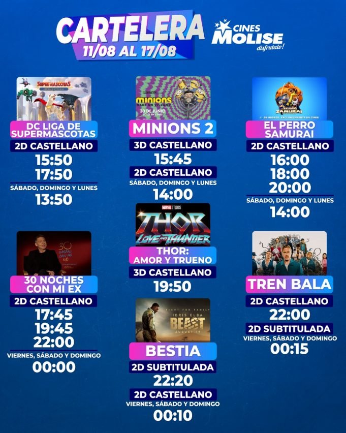 CINES MOLISE: YA ESTÁ DISPONIBLE LA CARTELERA DESDE EL 11/08 AL 17/08. ¡PRECIOS Y HORARIOS!