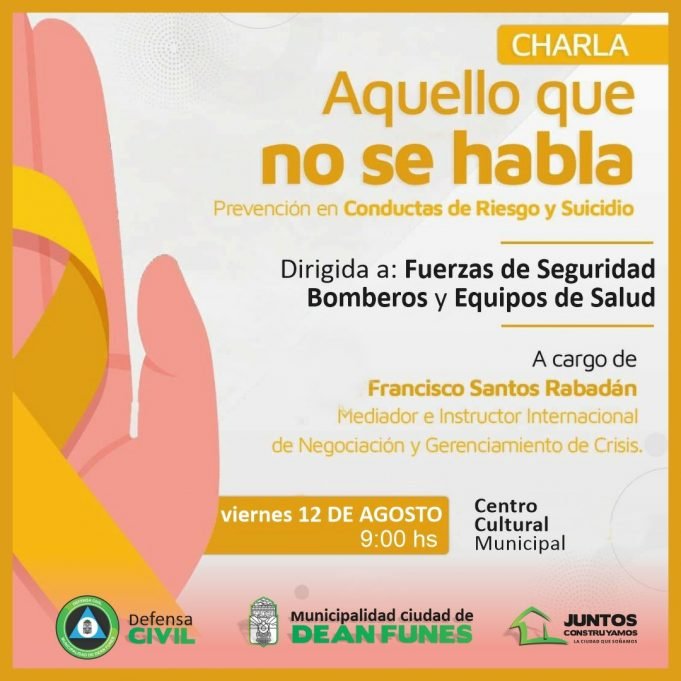 ESTE VIERNES 12 SE DICTARÁ UNA CHARLA SOBRE PREVENCIÓN EN CONDUCTAS DE RIESGO Y SUICIDIO. SERÁ A LAS 09:00HS EN EL CENTRO CULTURAL.