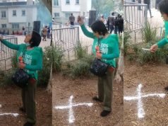 PASA EN REDES: UNA MANIFESTANTE DEL SUOEM HIZO UNA CRUZ DE SAL PARA “CORTAR” LA TORMENTA Y PODER MARCHAR. ¡MIRÁ!