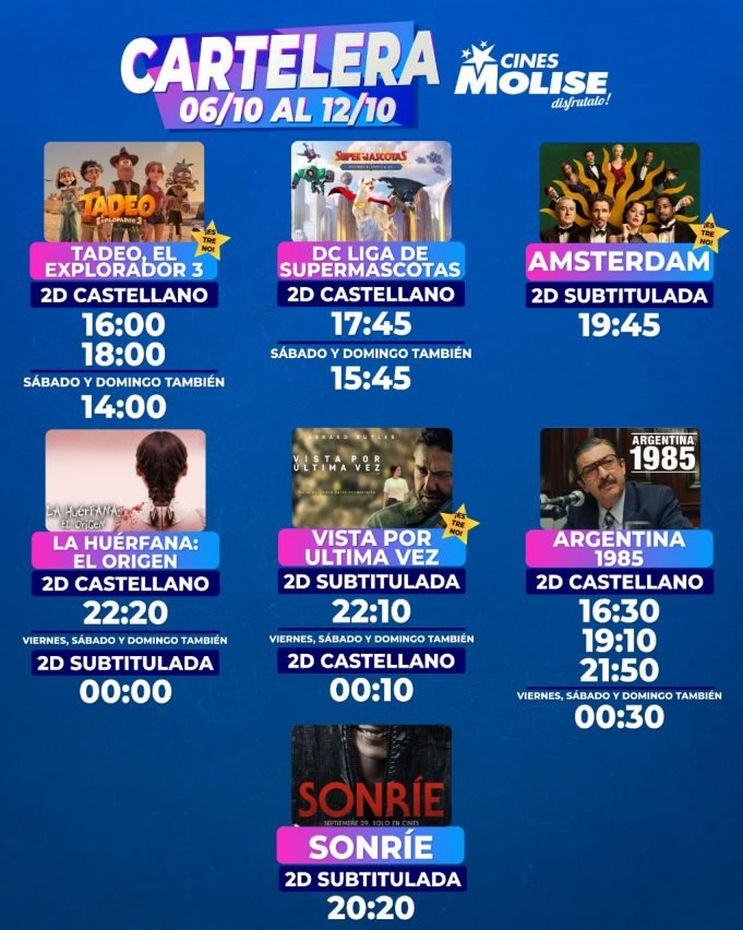 CINES MOLISE: YA ESTÁ DISPONIBLE LA CARTELERA DESDE EL 06/10 AL 12/10.