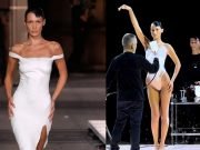 PASA EN REDES: EN EL CIERRE DE LA FASHION WEEK 22 HICIERON UN VESTIDO EN TIEMPO REAL CON ALGODÓN EN SPRAY EN EL CUERPO DE BELLA HADID. ¡MIRÁ!