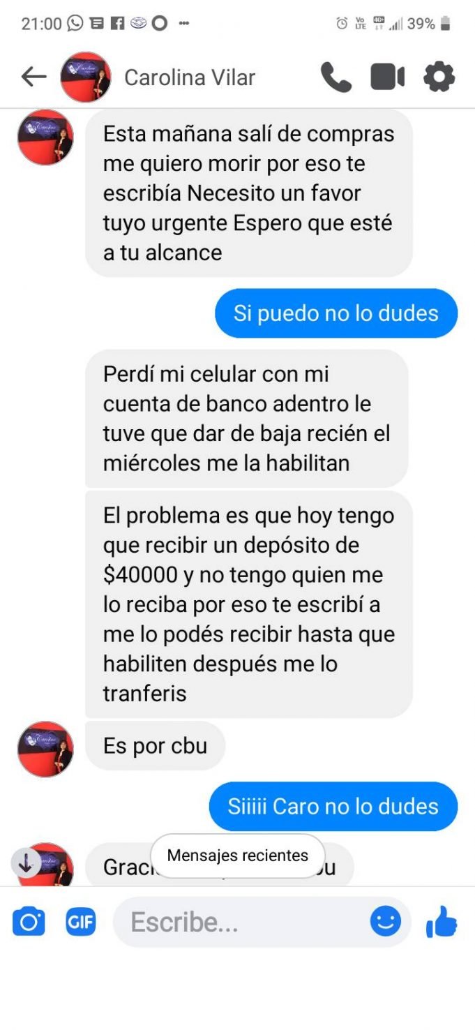 DEÁN FUNES: OTRA VÍCTIMA DE LAS ESTAFAS POR MESSENGER. ESTA VEZ LE TOCÓ A NORMITA SOBA.