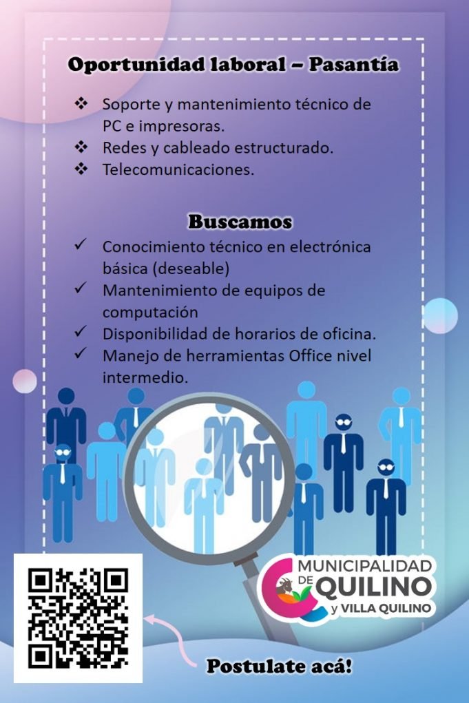 OPORTUNIDAD LABORAL: LA MUNI DE QUILINO BUSCA PERSONA IDÓNEA EN SISTEMAS Y MANTENIMIENTO DE PC.