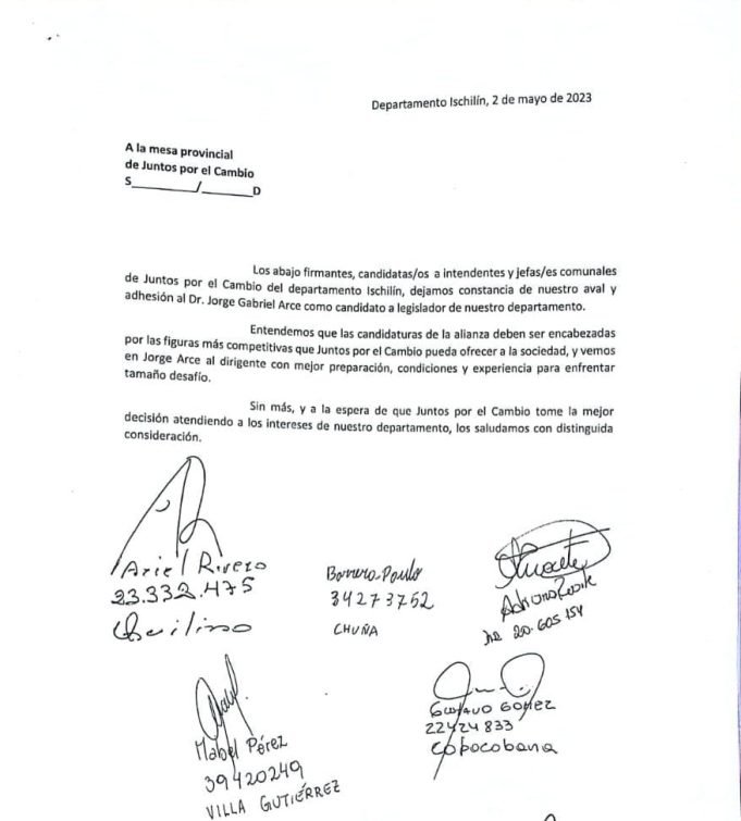 FUERTE RESPALDO DE LOS CANDIDATOS DE JUNTOS POR EL CAMBIO ISCHILÍN A LA DESIGNACIÓN DE JORGE ARCE COMO CANDIDATO A LEGISLADOR DEPARTAMENTAL
