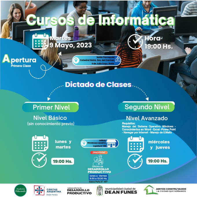DEÁN FUNES: LA MUNI Y CÁRITAS BRINDARÁN UN CURSO DE INFORMÁTICA PARA MAYORES DE 18 AÑOS. LAS CLASES INICIAN EL 09 DE MAYO.