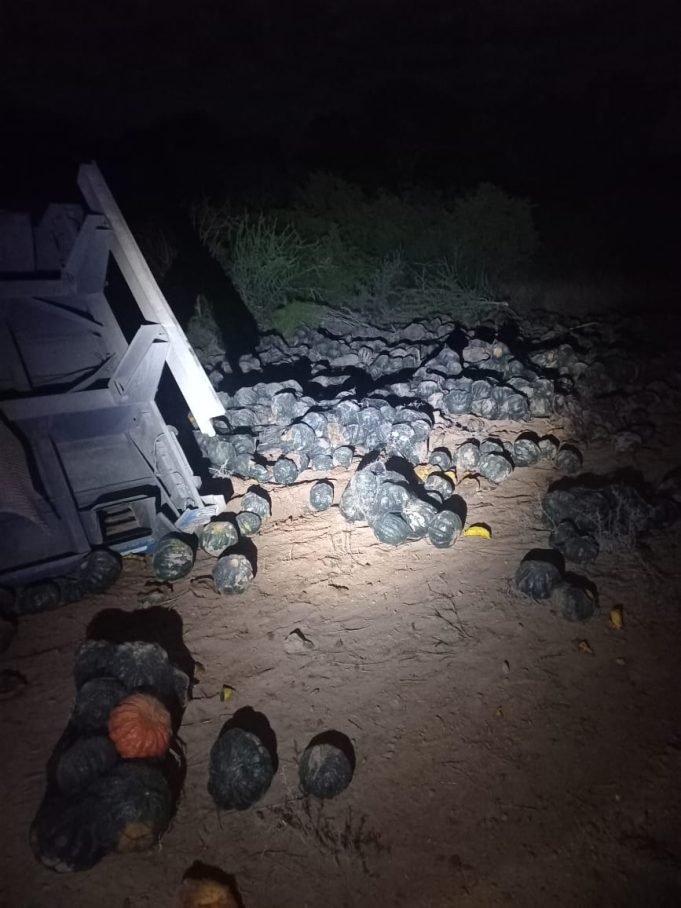 LAS SALINAS: VOLCÓ UN CAMIÓN QUE TRASLADABA 22MIL KILOS DE ZAPALLO CRIOLLO.