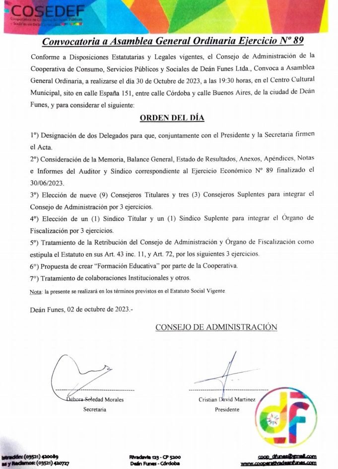 COSEDEF INFORMÓ QUE EL 30/10 SE REALIZARÁ LA ASAMBLEA GENERAL ORDINARIA.