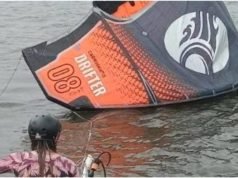 RESCATARON A UNA MUJER QUE CAYÓ AL LAGO SAN ROQUE MIENTRAS PRACTICABA KITESURF.