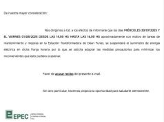 Corte general de energía en Deán Funes y zona rural este miércoles y viernes