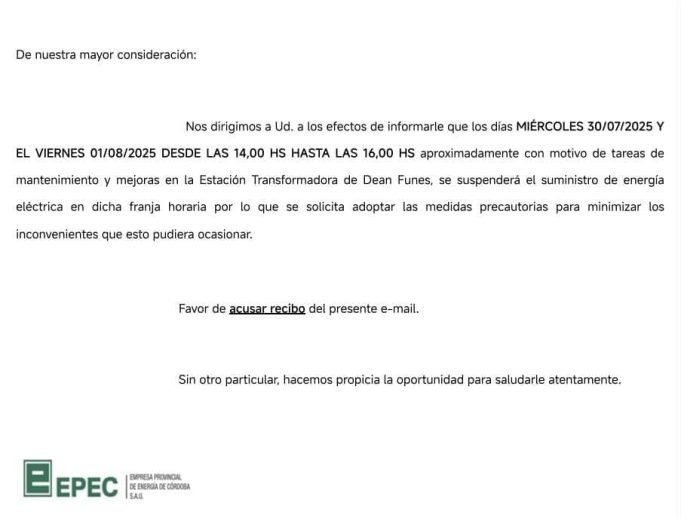 Corte general de energía en Deán Funes y zona rural este miércoles y viernes