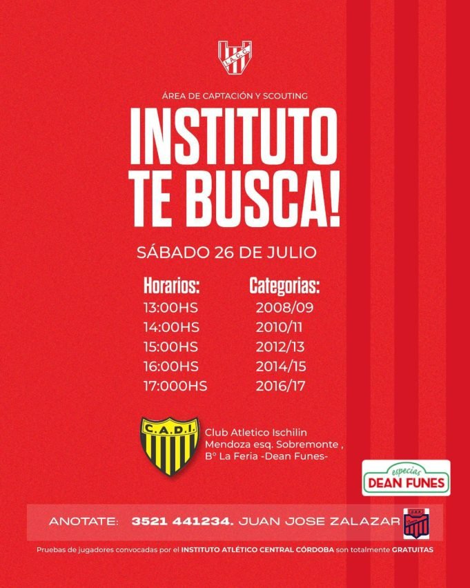 Instituto te busca: Este sábado realizaran pruebas deportivas en Deán Funes.