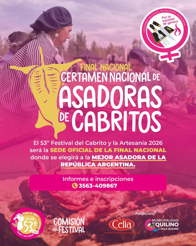 Quilino será sede nacional del Certamen de Mujeres Asadoras.